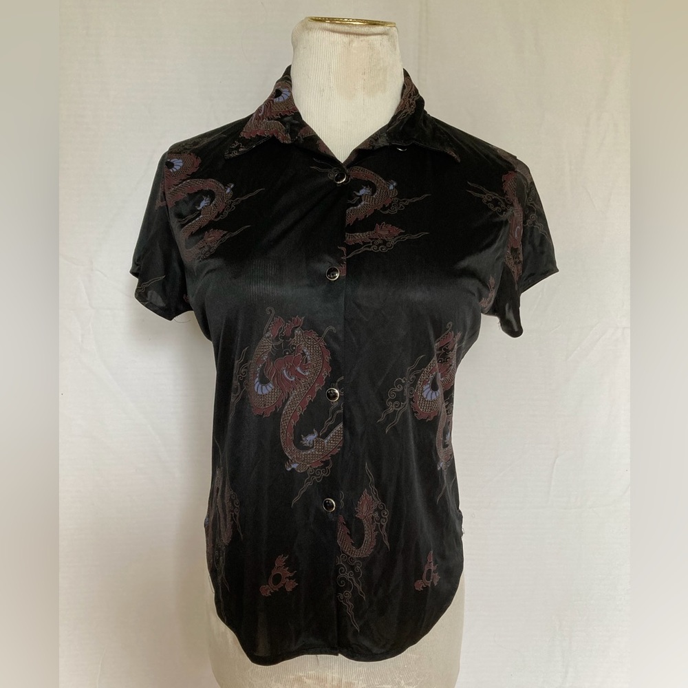 Hair Spray button up dragon graphic satin mesh blouse